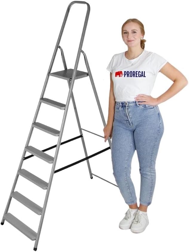 PROREGAL Economy Basic Trapladder, Gemaakt van hoogwaardig staal, Eenzijdig toegankelijk, 7 treden, Werkhoogte 3,46 m, Draagvermogen 125 kg, Antraciet