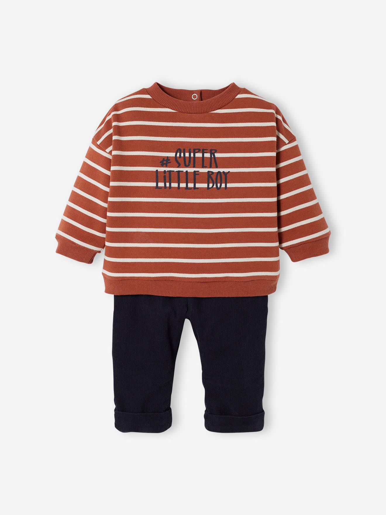 Conjunto de moletom e calça de veludo cotelê listrado marrom médio para bebê