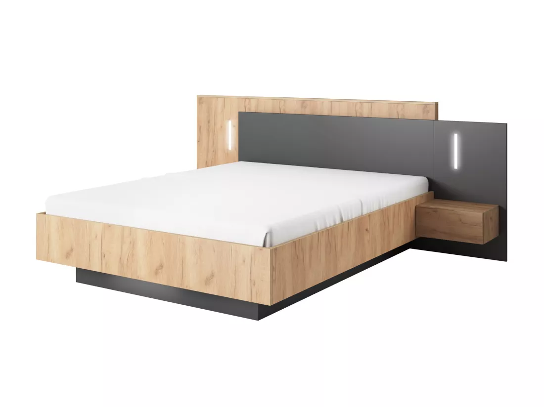 Lit avec chevets 140 x 190 cm - 2 tiroirs - Avec LEDs - Coloris : Naturel et anthracite + Sommier - FRANCOLI