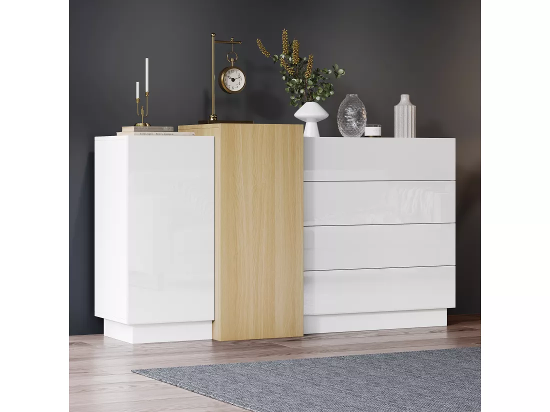 Buffet avec 3 tiroirs et 4 portes - 160 x 37 x 75 cm - Bois MDF - Couleur blanc brillant et bois