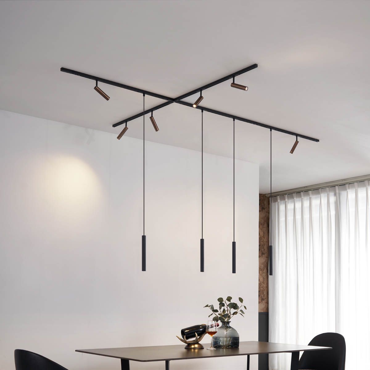 Modern railsysteem met 6 spots en 4 hanglampen donker brons 1-fase - Slimline Uzzy Keno