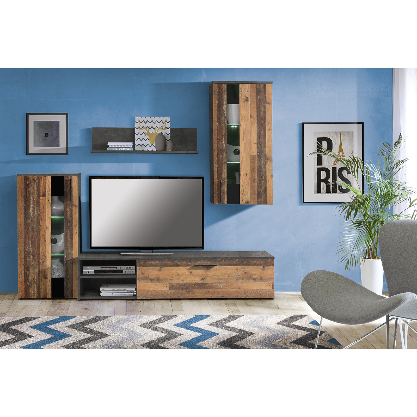 4-teilige Wohnwand - Old Wood Vintage - Betonoptik