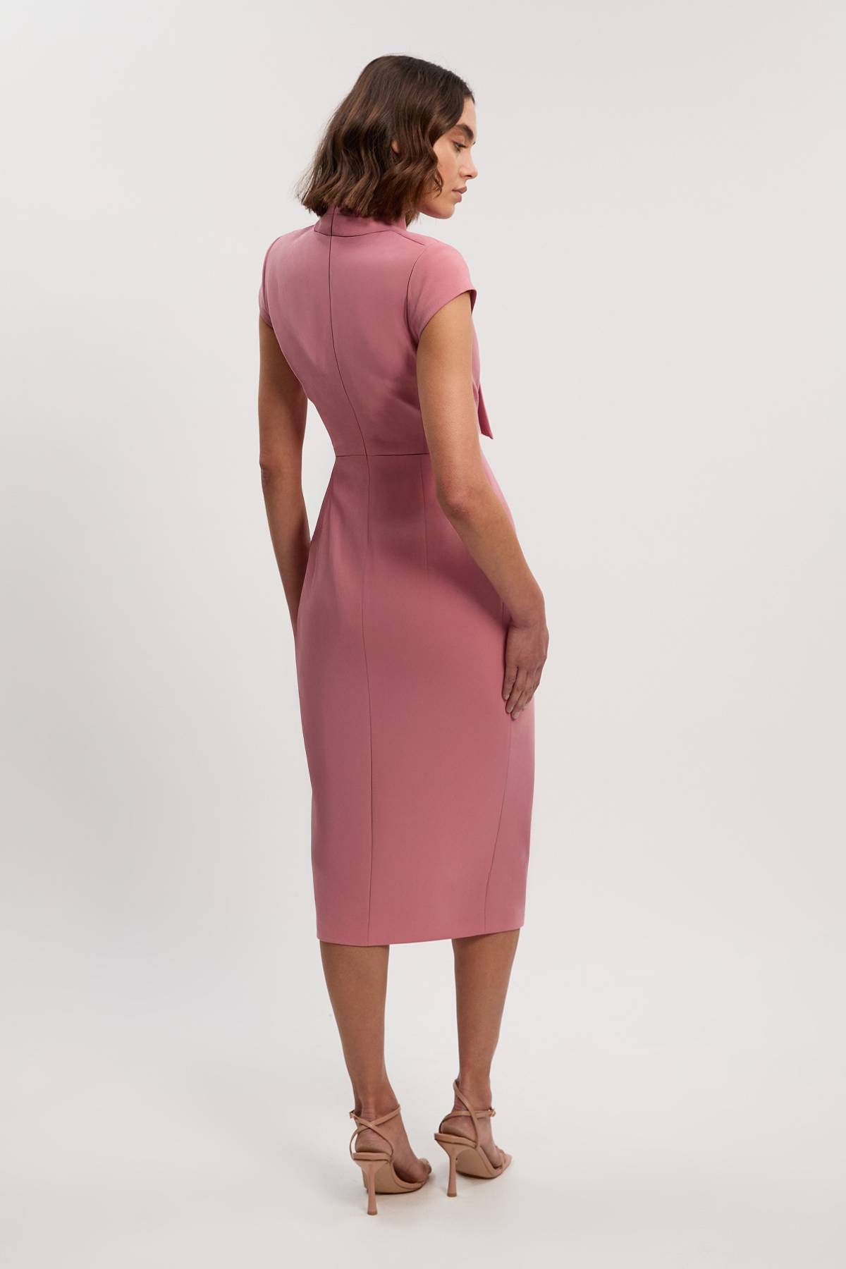 KarenMillen Robe Crayon Mi-Longue Ajustée à Col Nœud Papillon en Stretch Compact Petite Taille