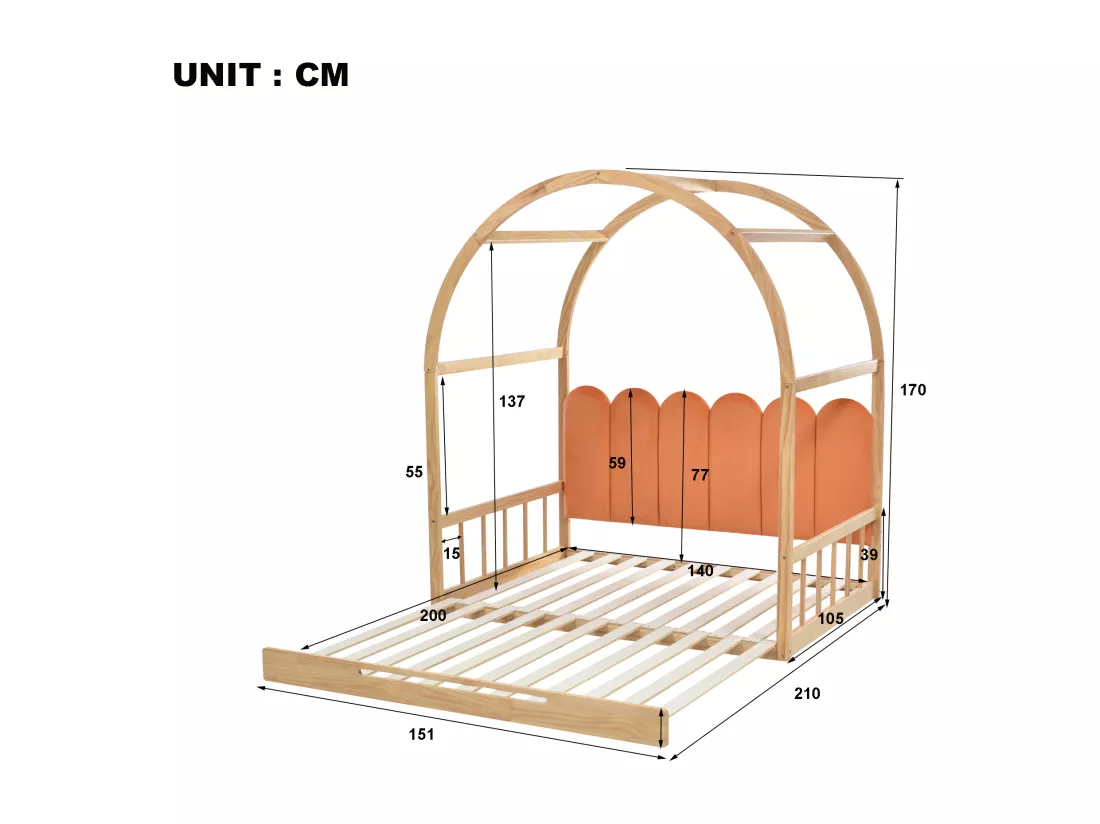 Lit gigogne 140x100/200cm en bois massif - avec tête en velours et sommier à lattes - Orange