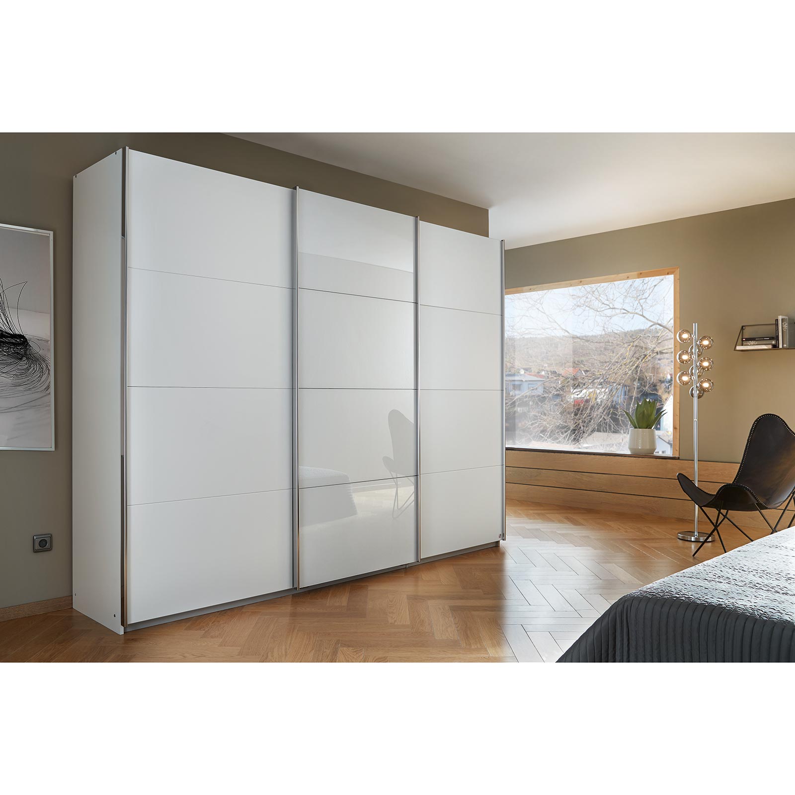 Schwebetürenschrank - alpinweiß - Glastür - 271x210 cm