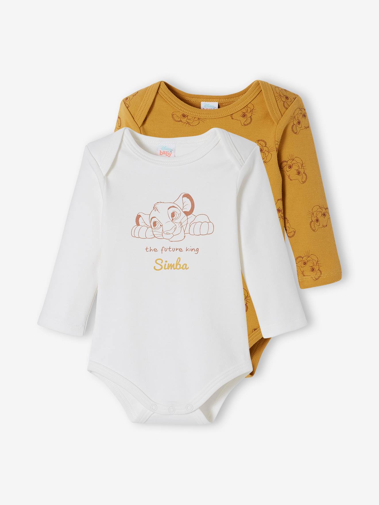 Conjunto de 2 bodies para bebê DS® O Rei Leão, amarelo escuro, lisos com estampa.