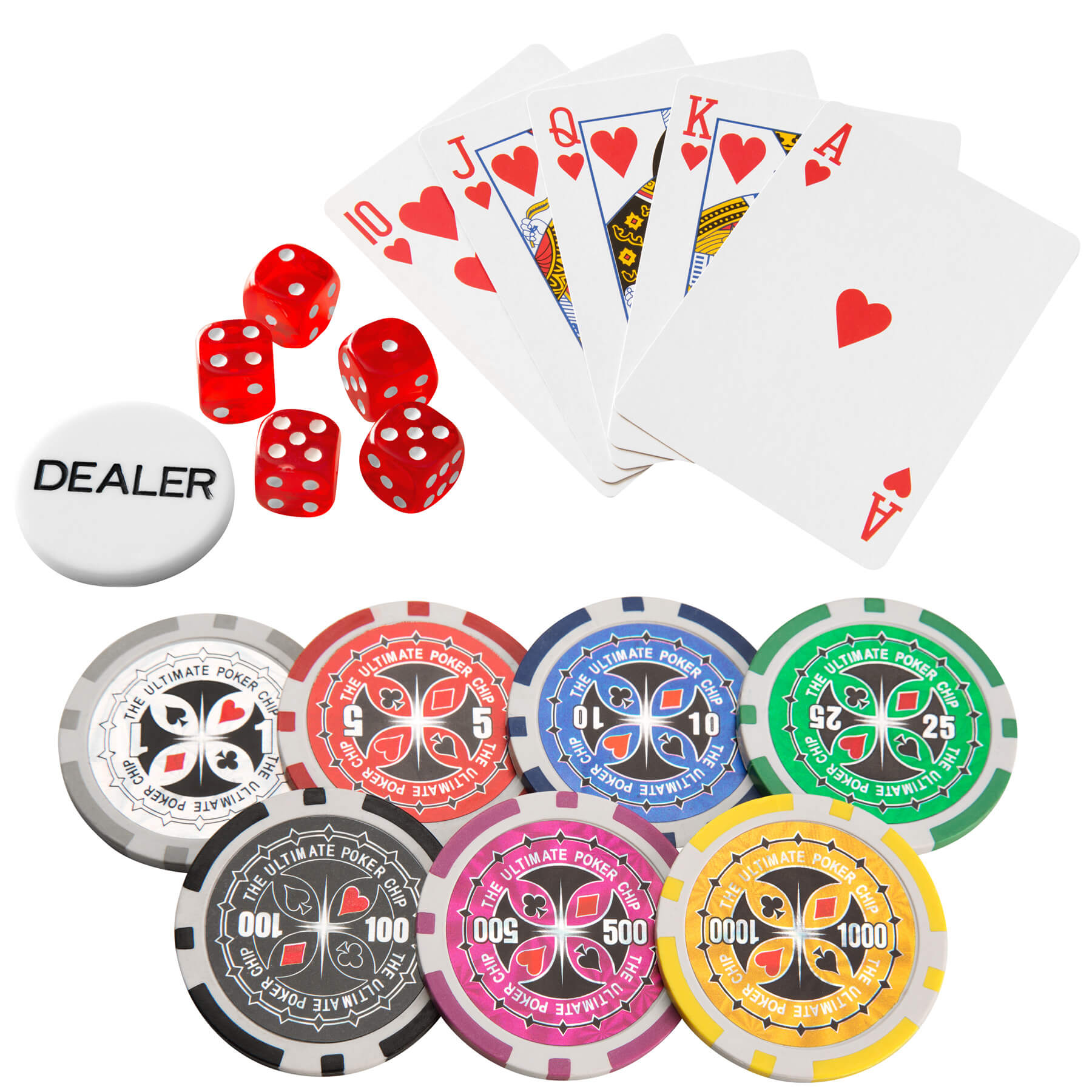 tectake® Pokerset, 300 farbige Chips, 5 Würfel, inklusive verschließbarer Aluminiumkoffer
