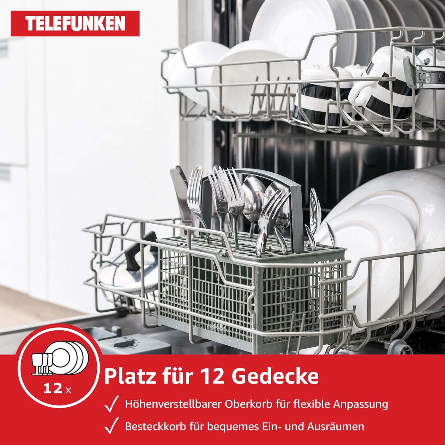 Telefunken Geschirrspüler vollintegriert | Einbauspülmaschine 60 cm | 12 Maßgedecke | 9 Programme | AquaStop - Schutz vor Wasserschäden | Auto-Door | leise 44 dB | inkl. Besteckkorb | G-EV-6014-C