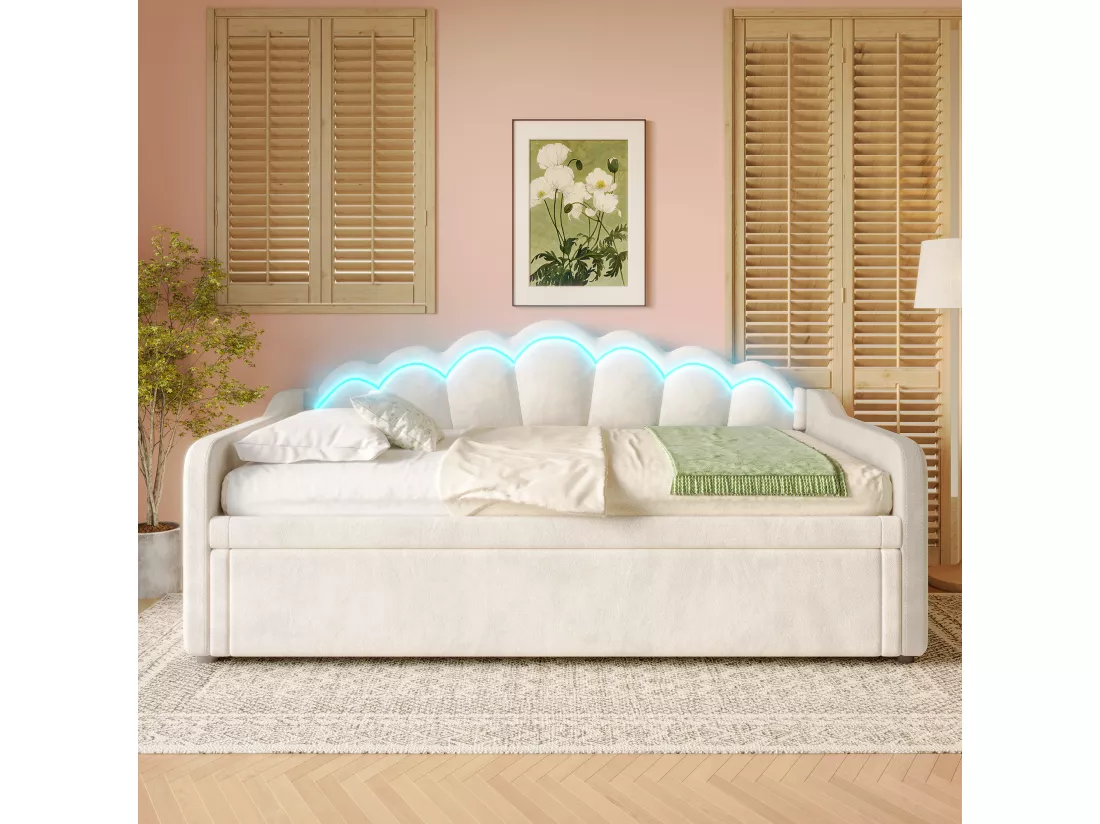 Canapé-lit 90x200/180x200 cm - avec lit gigogne - avec bande lumineuse LED - velours - beige (matelas non inclus)
