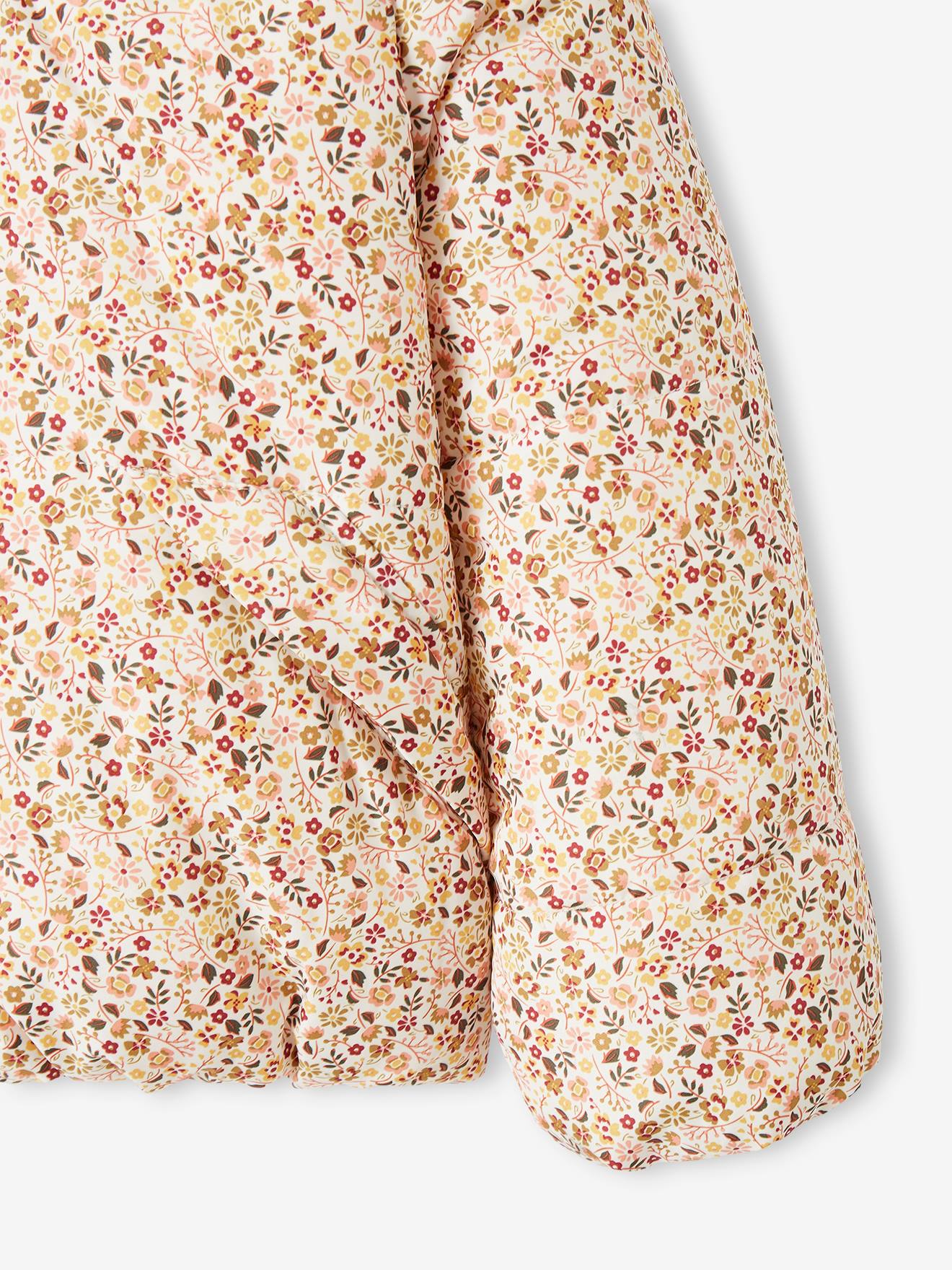 Jaqueta curta acolchoada com capuz estampado floral, tamanho médio infantil, estampa roxa.