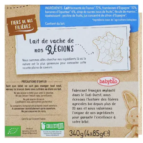 Sobremesa láctea orgânica Babybio sabor framboesa e banana em sachê +6 meses 4 x 85g