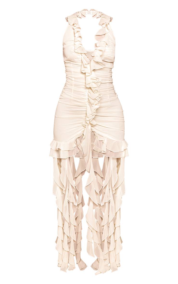 Crème Robe Maxi En Mousseline À Col Licou Avec Détails Volantés Petite