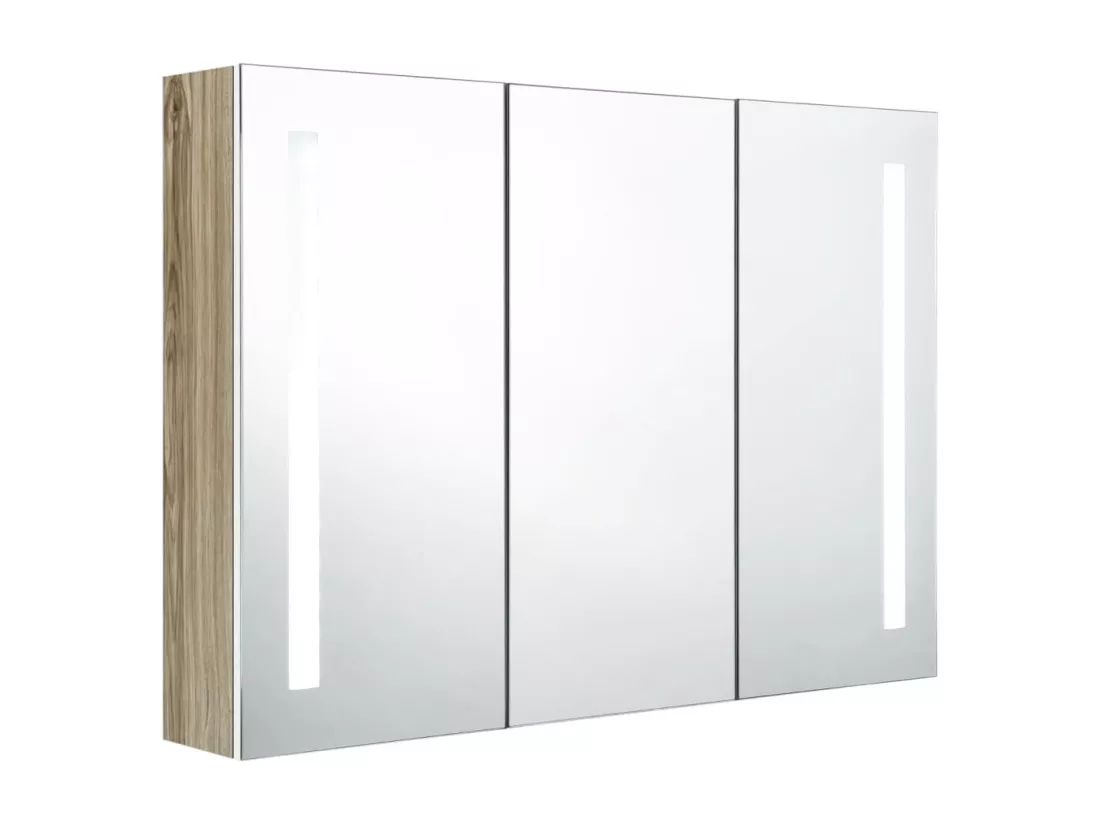 Armoire de salle de bain à miroir LED 89x14x62cm blanc et chêne