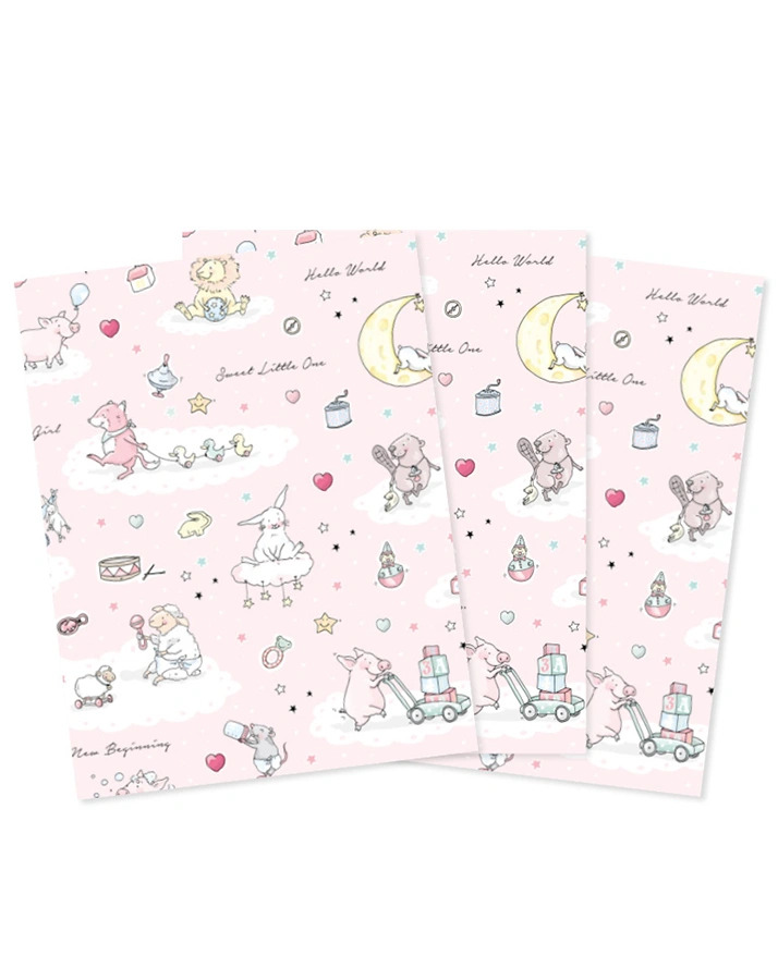 Geschenkpapier BABYTIERE ROSA (69x49 cm) 3er-Set in bunt