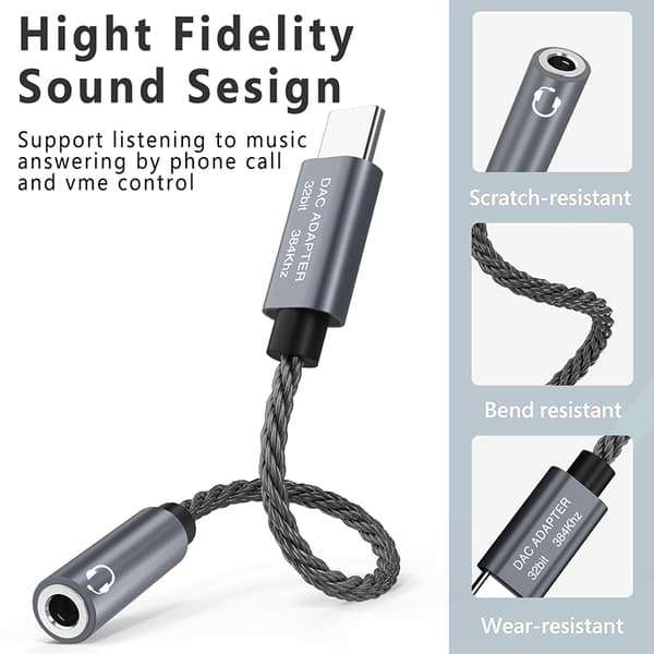 INF 32bit / 384kHz USB-C til 3,5 mm lydadapterkabel DAC-adapter Grå
