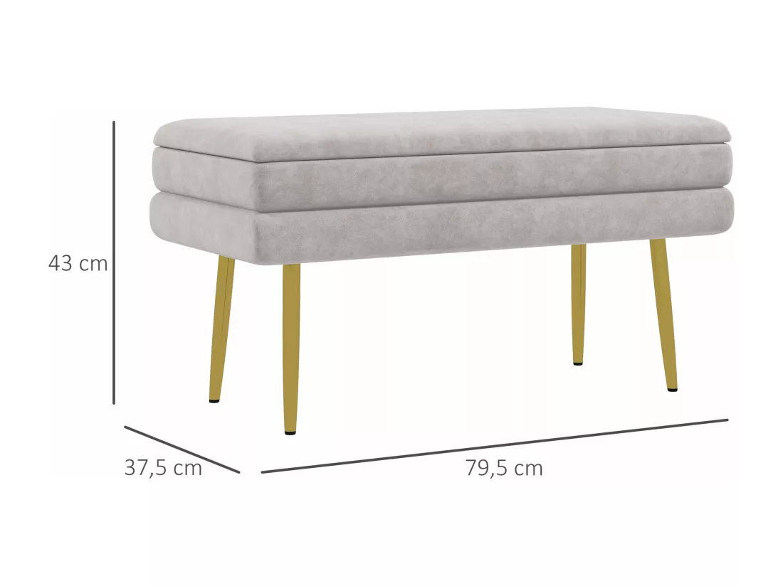 Banquette coffre de rangement 2 en 1 piètement effilé incliné acier doré velours gris clair