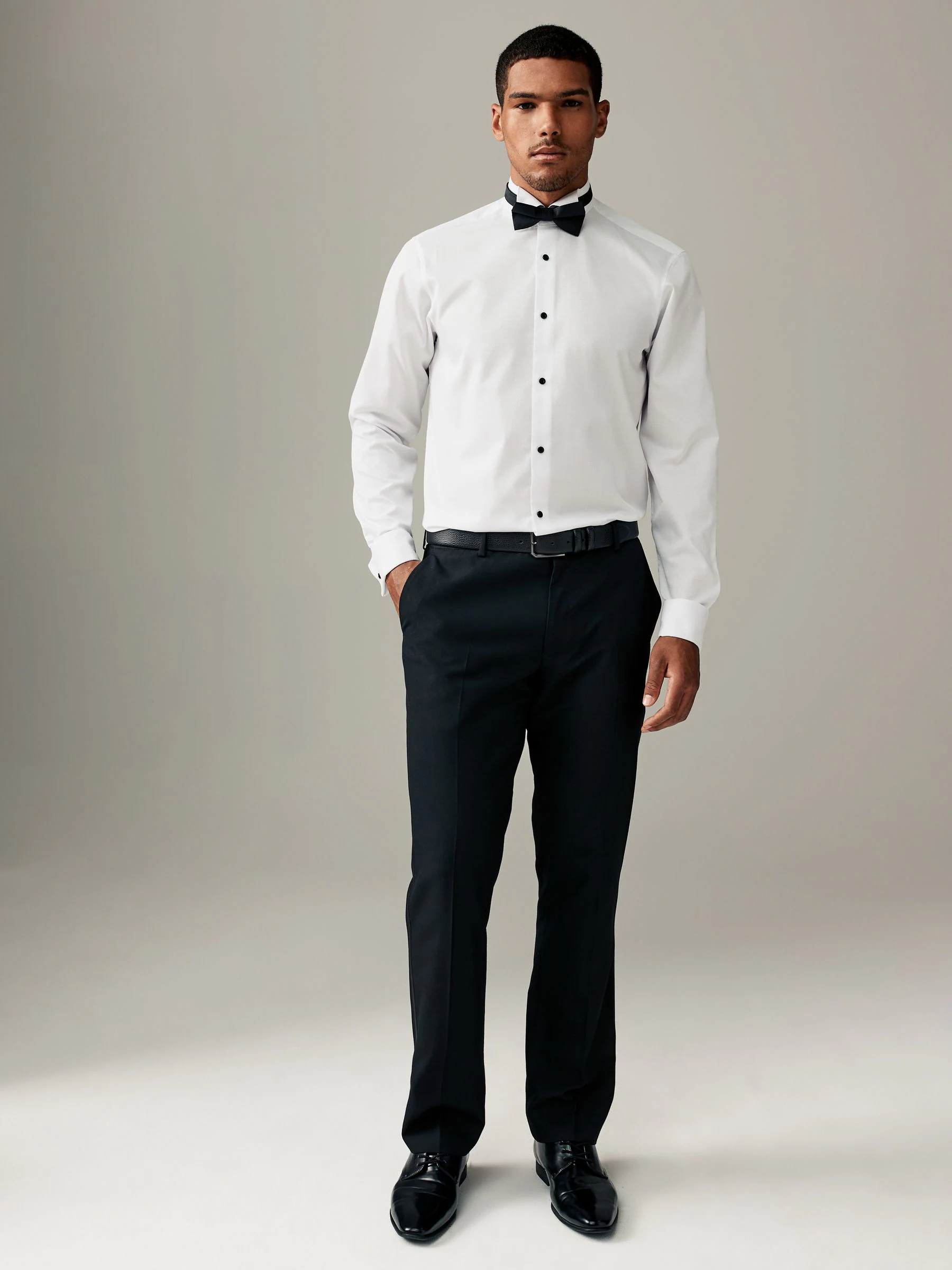 Wit - Normale Pasvorm - Textured Double Cuff Long Sleeve Shirt With Wing Collar And Bow Tie Pack