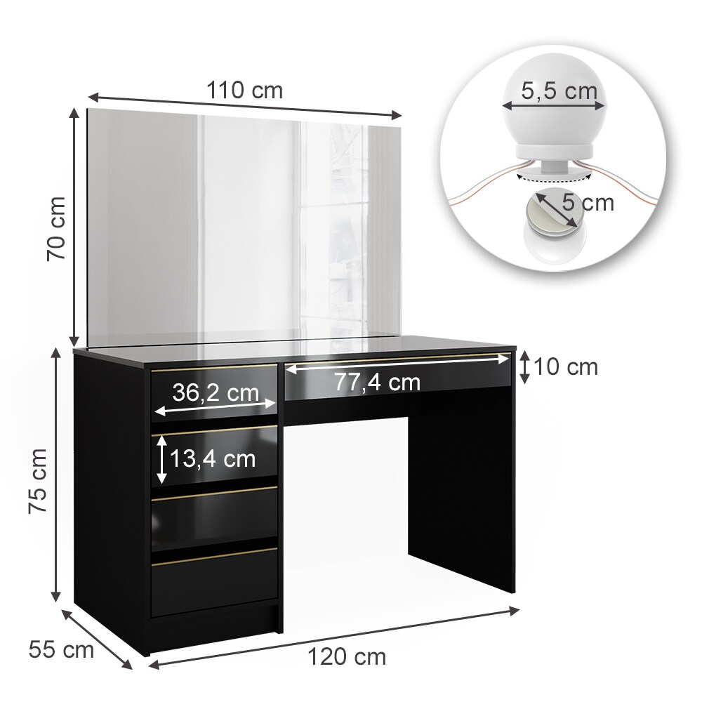 Vicco Schminktisch Sherry Schwarz Hochglanz Gold 120 x 75 cm 5 Schubladen Spiegel LED