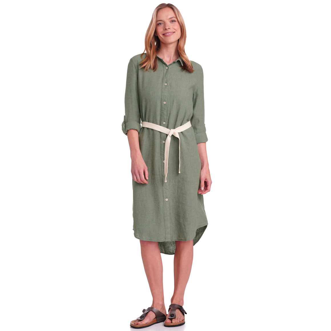 Gina Benotti Damen Leinen-Kleid mit Bindegürtel dunkelgrün