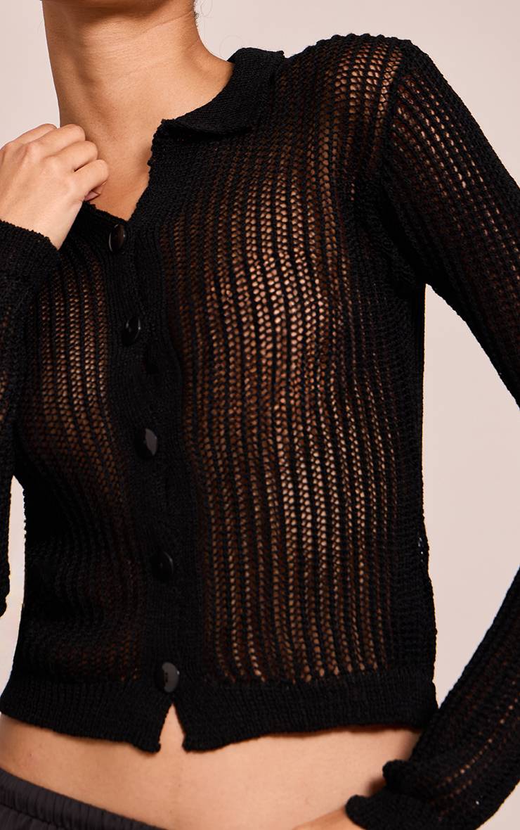Noir Cardigan Boutonné En Maille Ajourée
