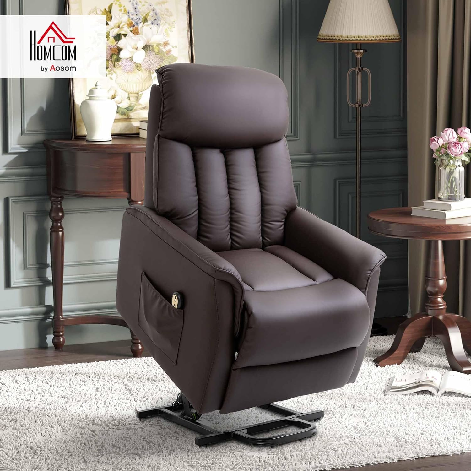 HOMCOM Relaxsessel Elektrisch Fernsehsessel mit Aufstehhilfe, Liegefunktion, TV Sessel mit Fußteil, Seitentasche, Fernbedienung, für Wohnzimmer, bis 150 kg, Kunstleder, Braun
