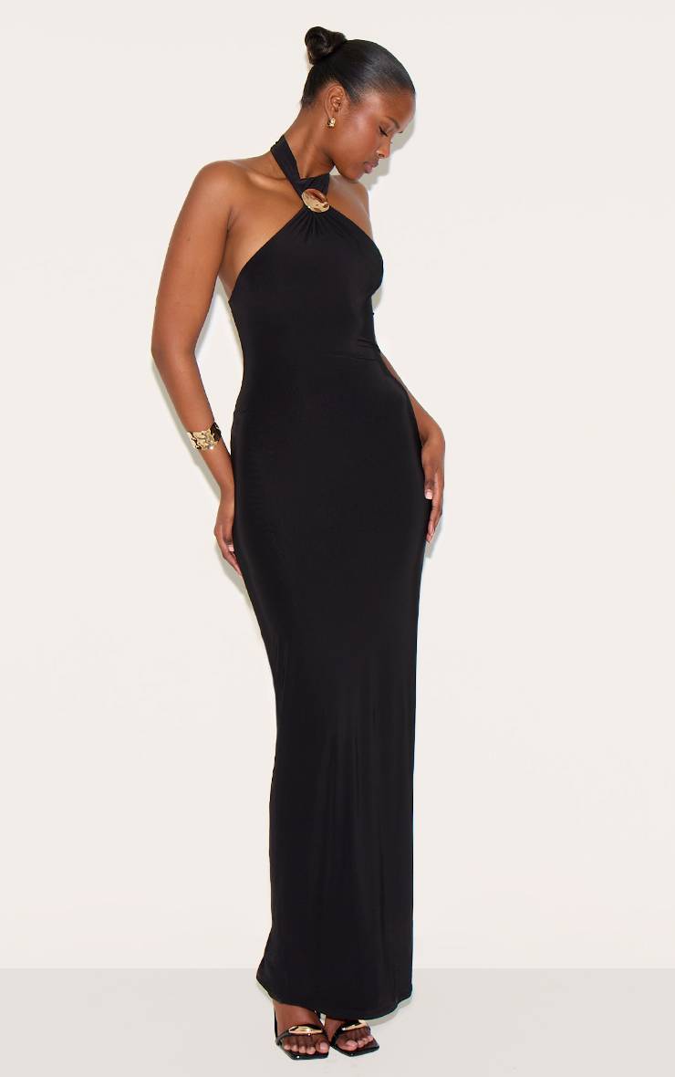 Noir Robe Longue À Double Couche En Tissu Slinky Avec Encolure Dos-nu Et Détail De Finition