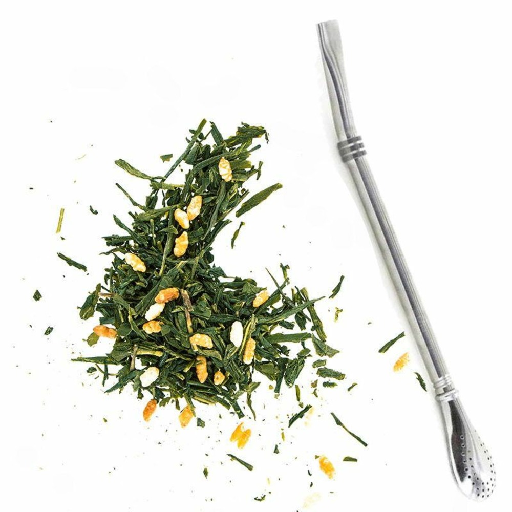 Thé vert bio japonais genmaicha sencha & riz grillé 100 g + paille inox avec filtre