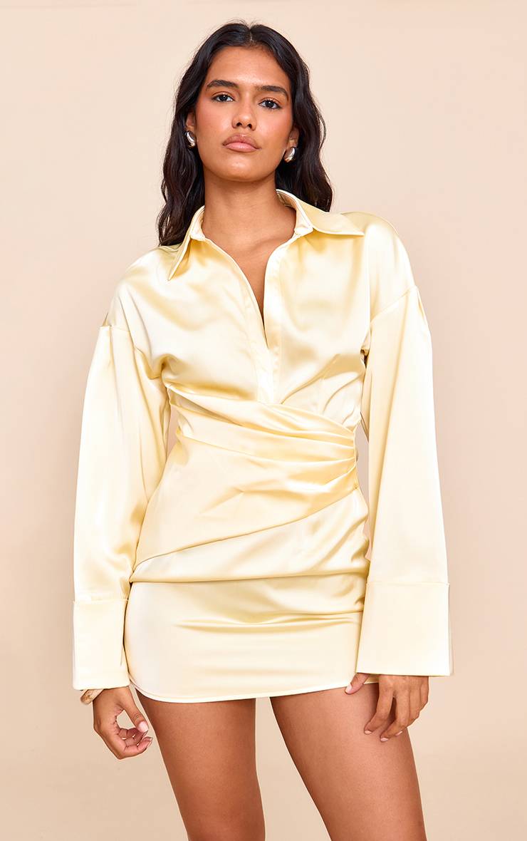 Butter Yellow Robe Chemise Premium En Satin À Manches Évasées
