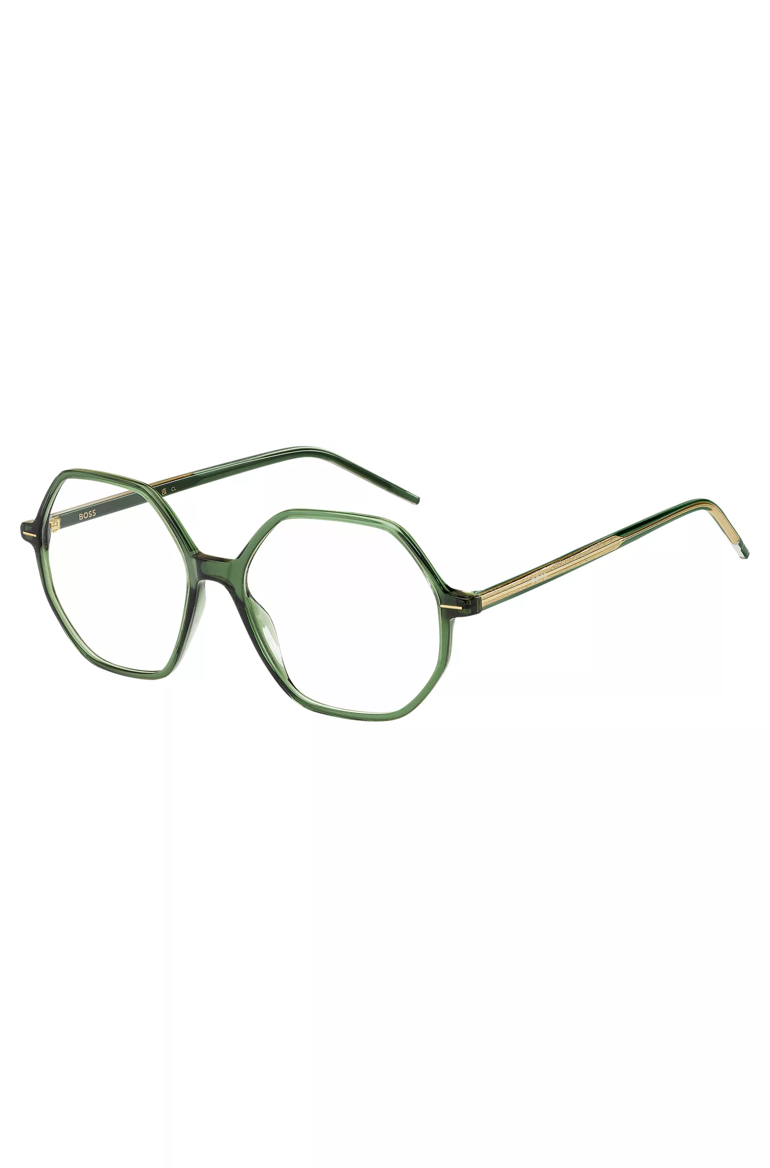 Armação de óculos BOSS em acetato preto e verde com hastes de metal listradas.