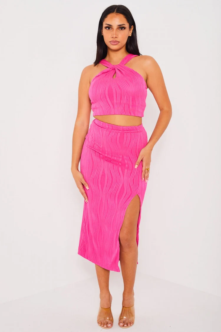 Ensemble 2 pièces crop top + jupe rose à motif vague