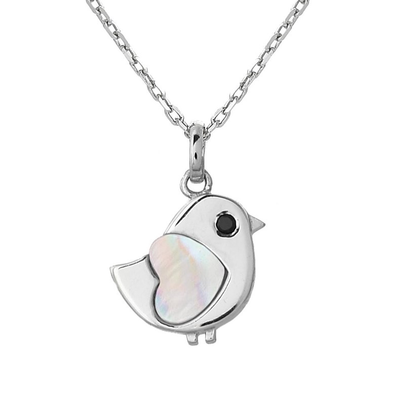 Collier oiseau coeur de nacre oeil oxyde de zirconium noir Argent 925 Rhodié