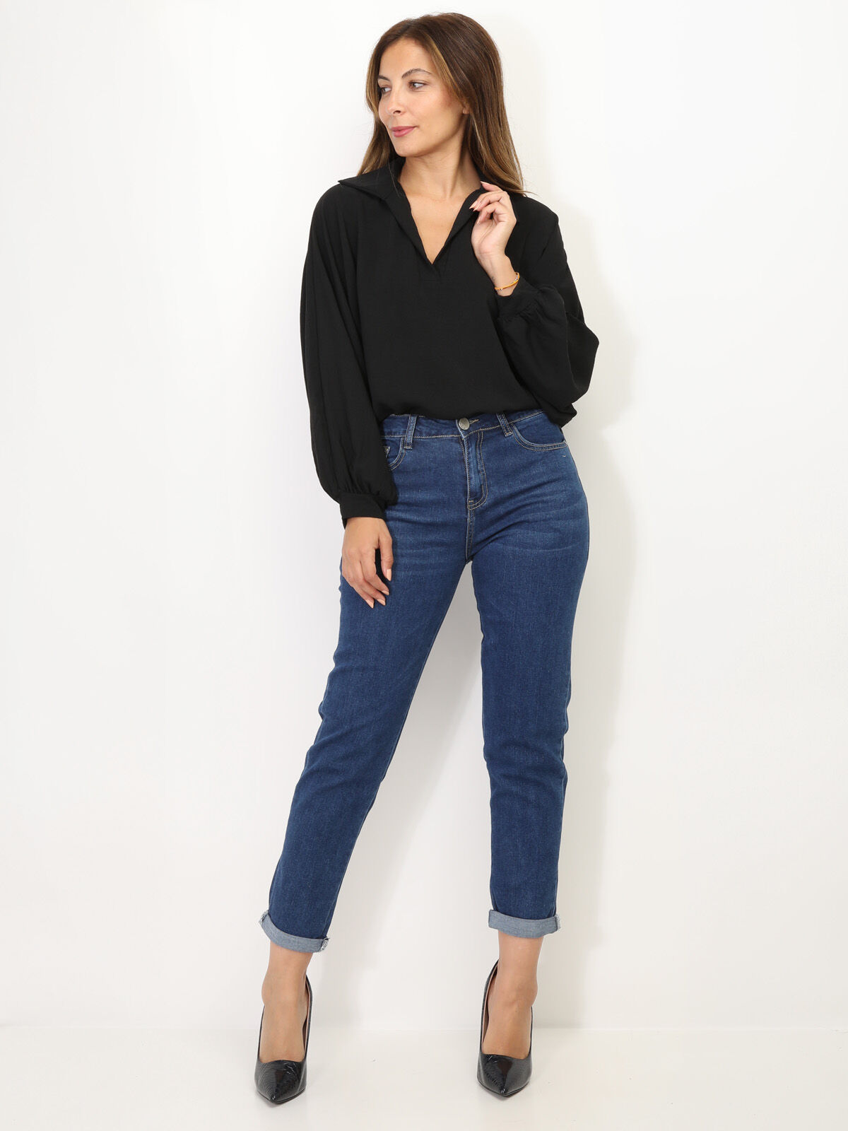 Jeans mom brut légèrement délavé- Bleu foncé