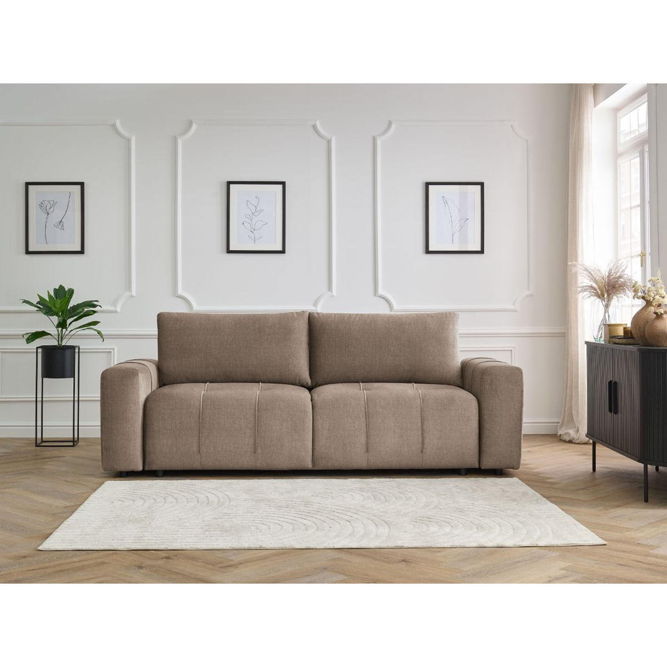 Bobochic Canapé droit convertible en Velours 3 places Arsène avec coffre taupe - 248x105x90 cm