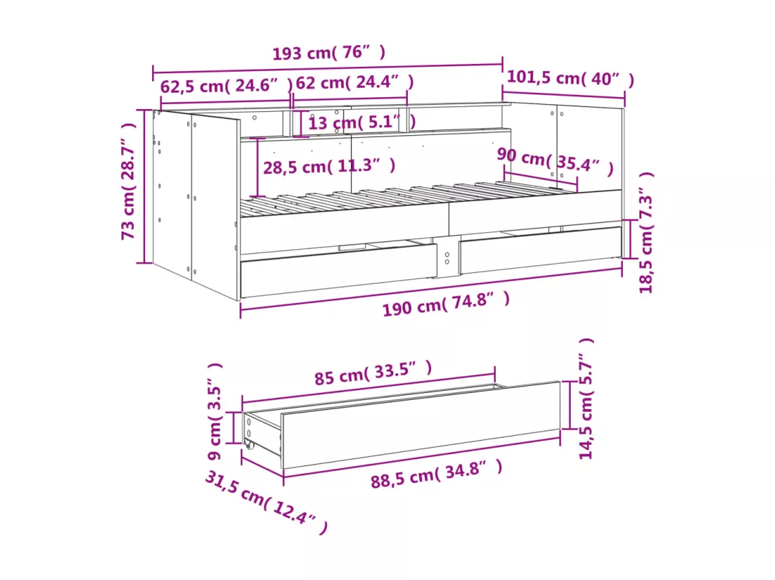 Lit de jour avec tiroirs sans matelas sonoma gris 90x190 cm
