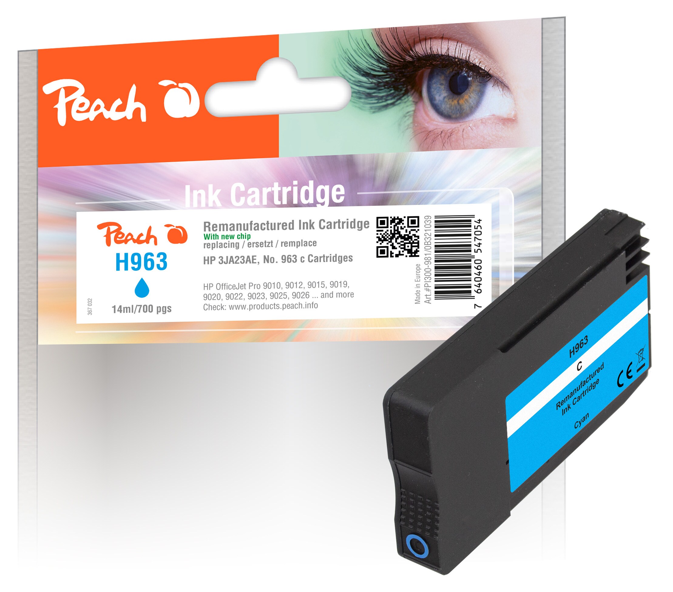 Peach Tintenpatrone cyan kompatibel zu HP No. 963 C, 3JA23AE (wiederaufbereitet)
