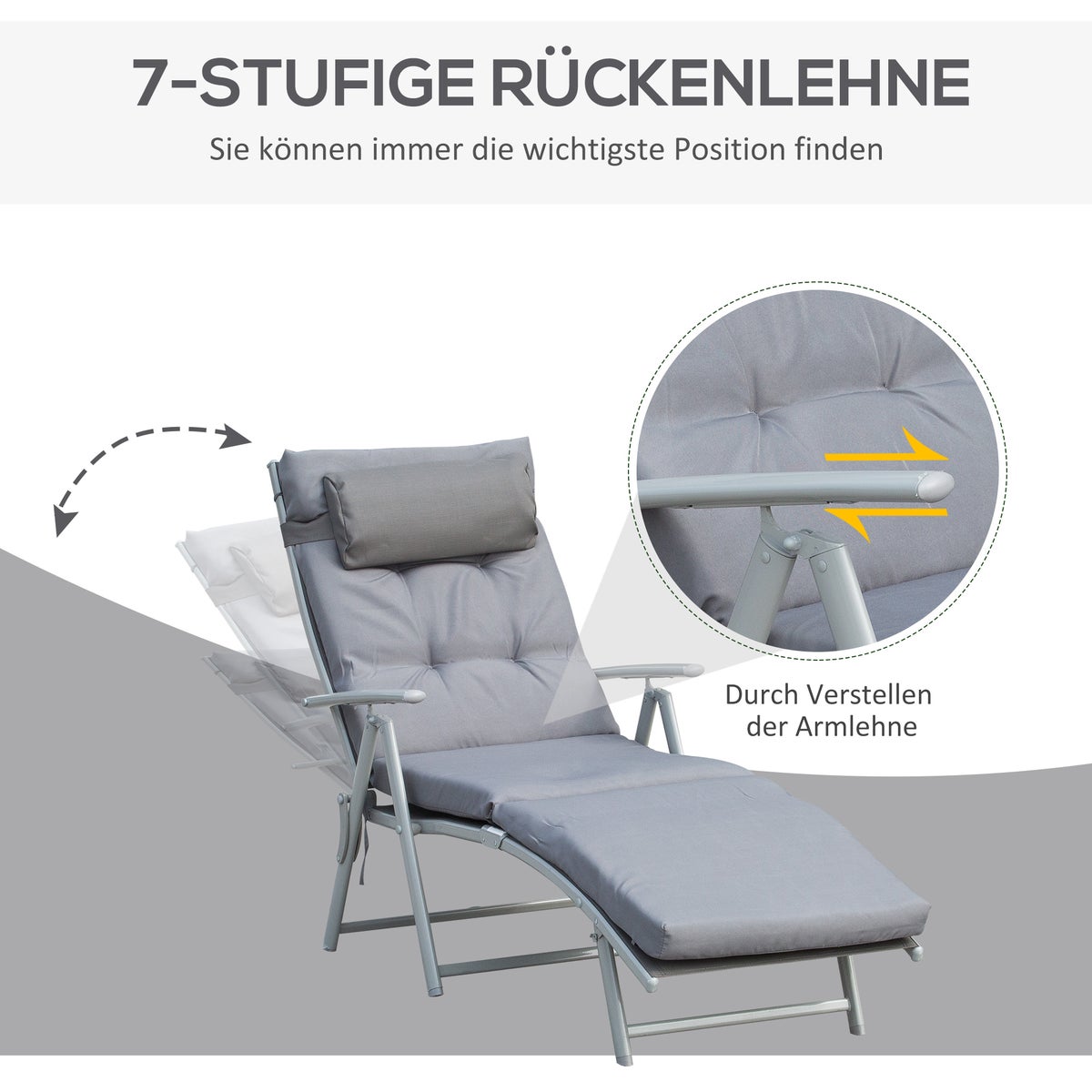 Outsunny ligstoel, strandligstoel, opvouwbaar, verstelbaar, met kussen, 137 x 63,5 x 100,5 cm, metaal, stof, grijs