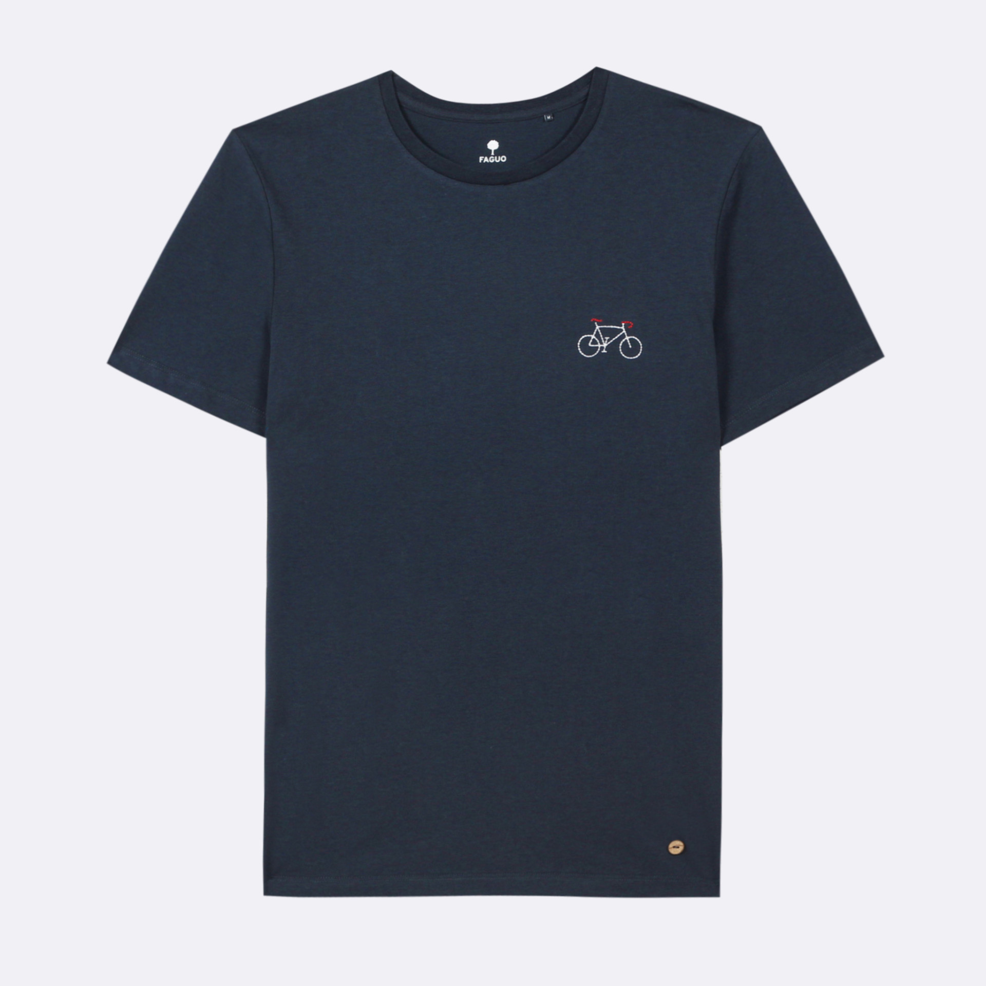 T-shirt col rond bleu marine brodé vélo coton et coton recyclé - modèle Arcy