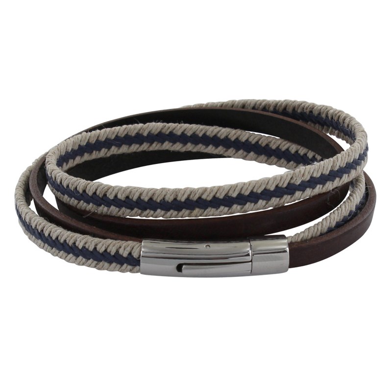 Bracelet Homme Double Tour Cuir Marron Fonc? Tresse en Lin Bleu et Beige - taille 20 cm