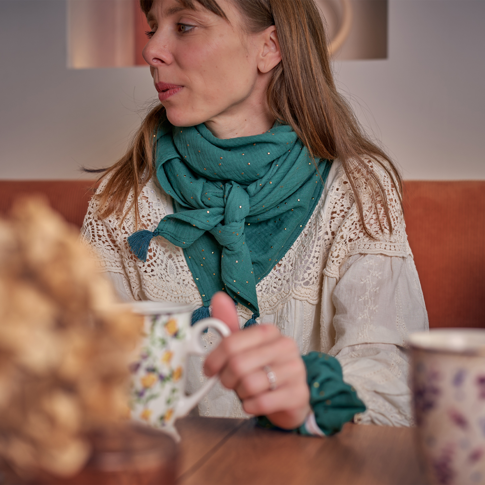 Foulard Pompon Gaze Pois Or Eucalyptus