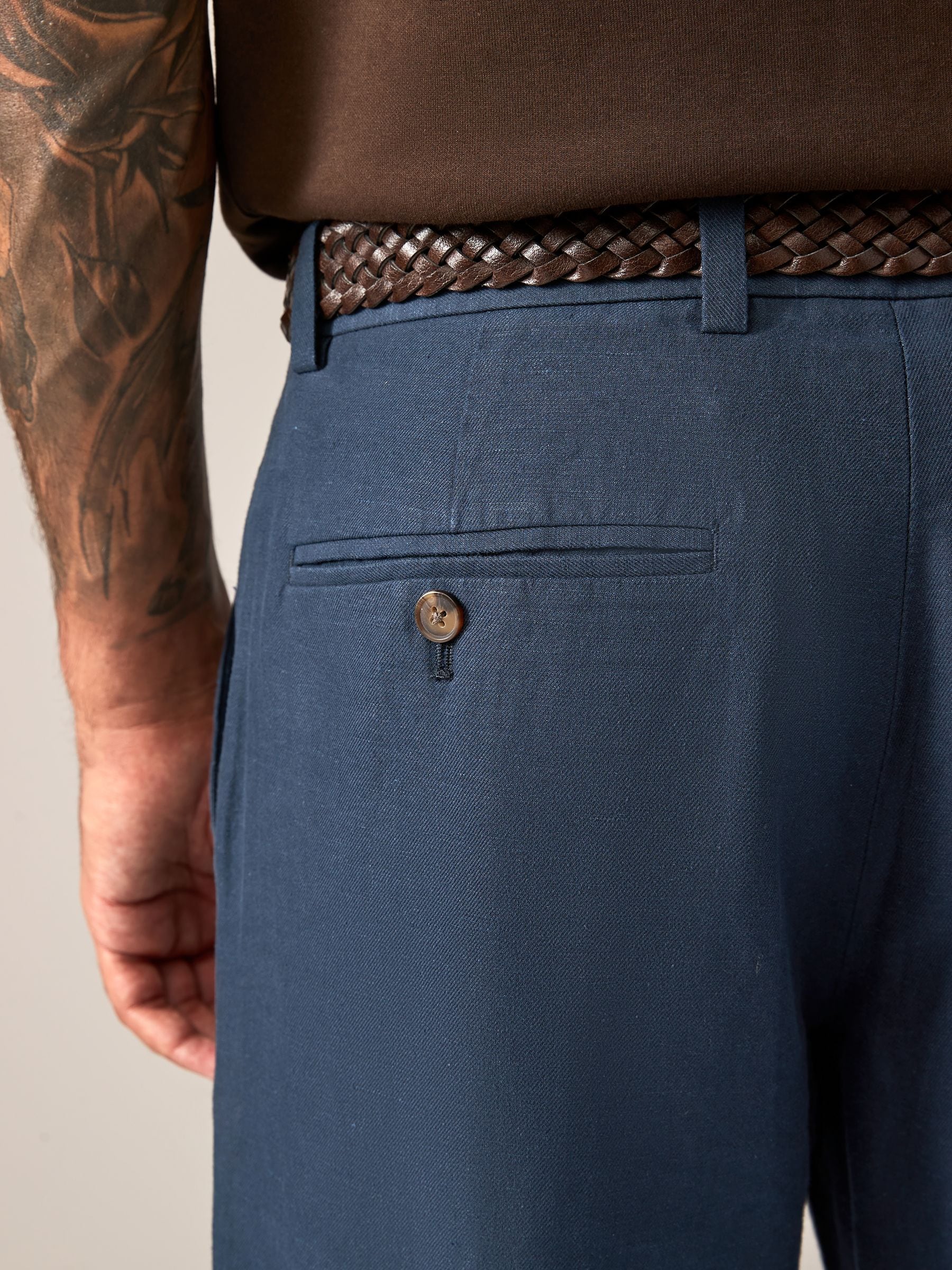 Donkerblauw - Regular fit linnen-katoenmix broek met ceintuur