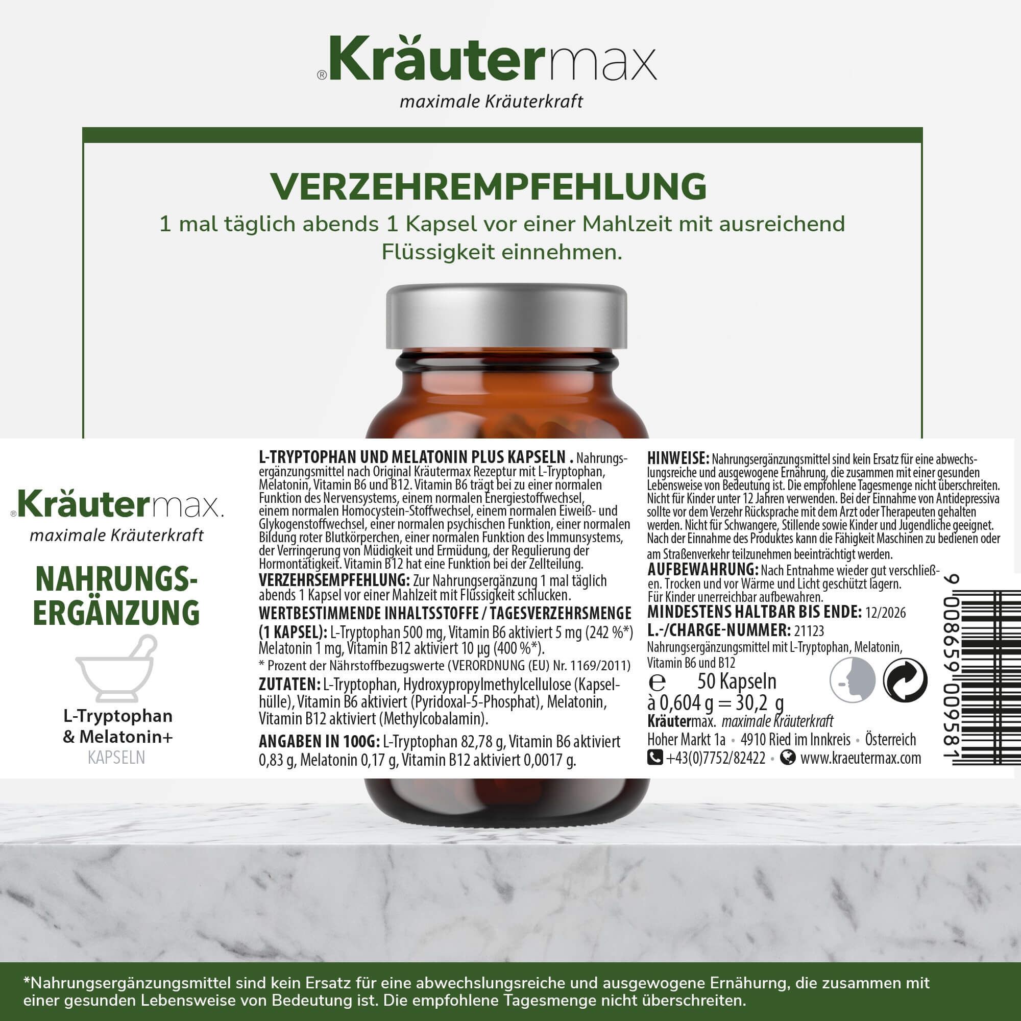 Kräutermax L-Tryptophan 500 mg und Melatonin 1 mg plus B6, B12 Kapseln