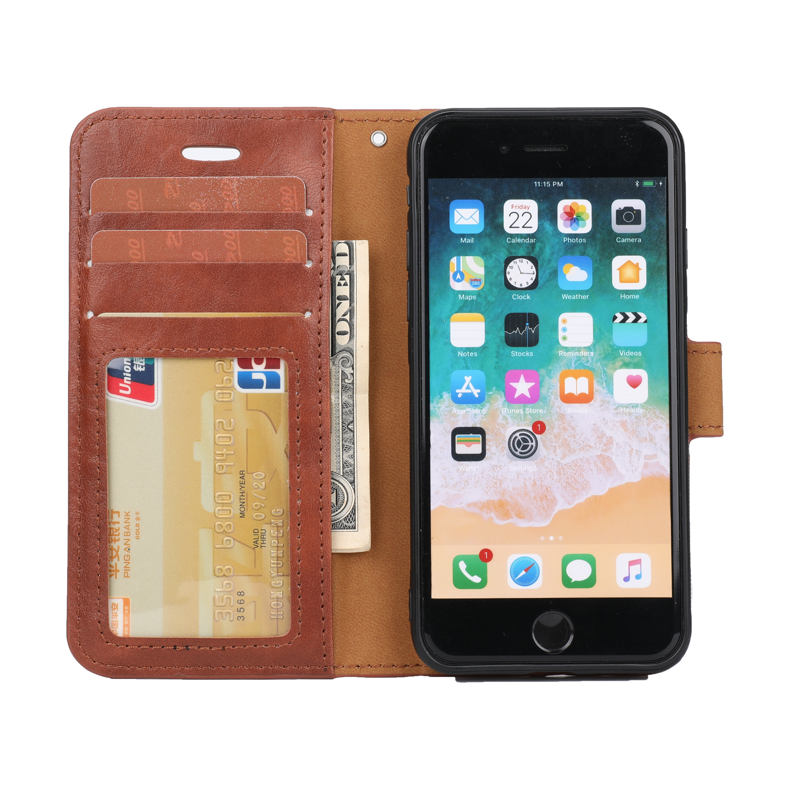 iPhone SE (2022/2020) / 8 / 7 Leder Tasche mit Kartenfächer   Magnetische Schutzhülle - Braun (Glanz)