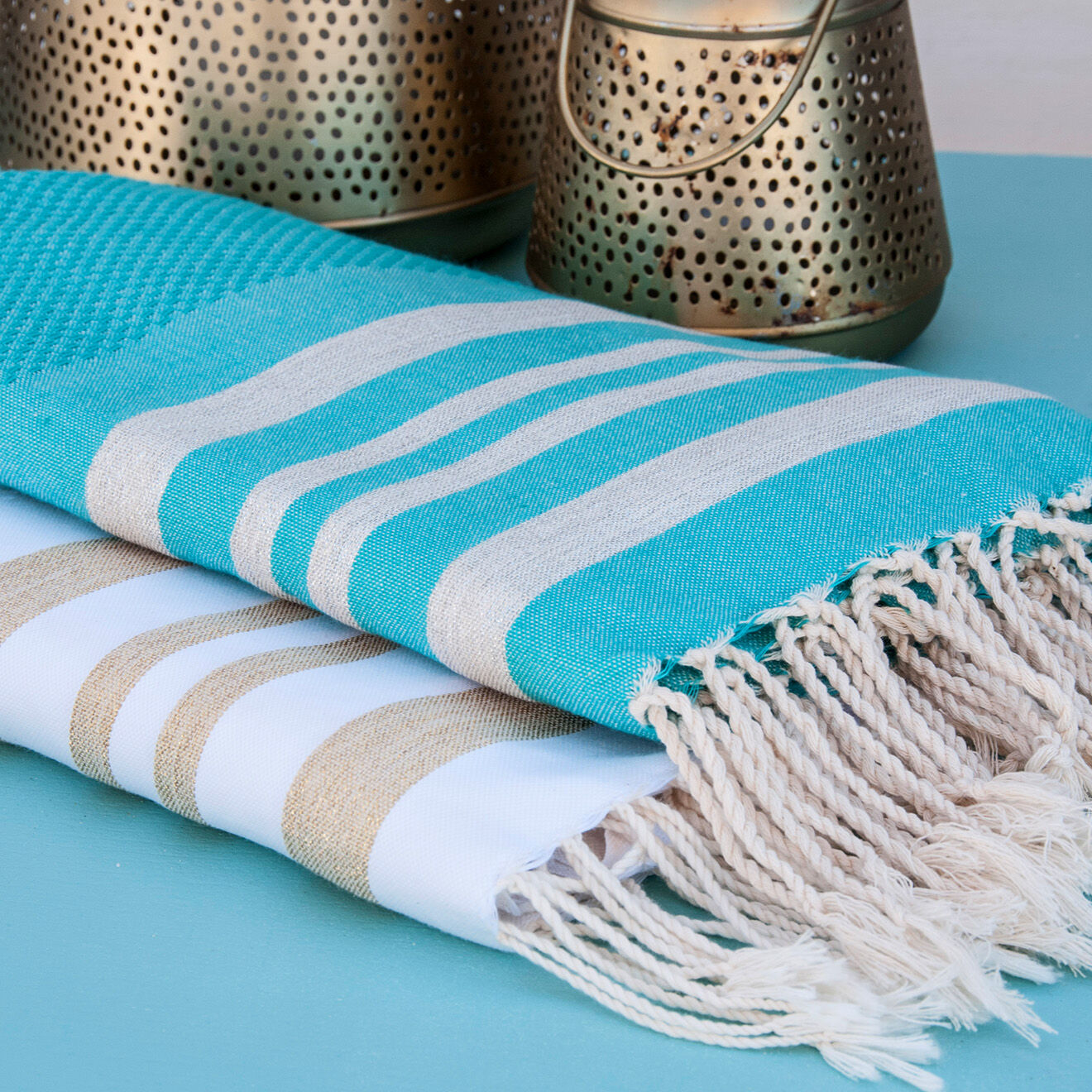 Febronie Fouta Nid d'abeille Hamptons Lurex turquoise/argenté - 100x200 cm
