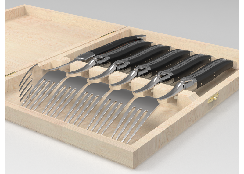Service de 6 fourchettes Laguiole avec un manche en bois d'ébène et mitres en acier inoxydable