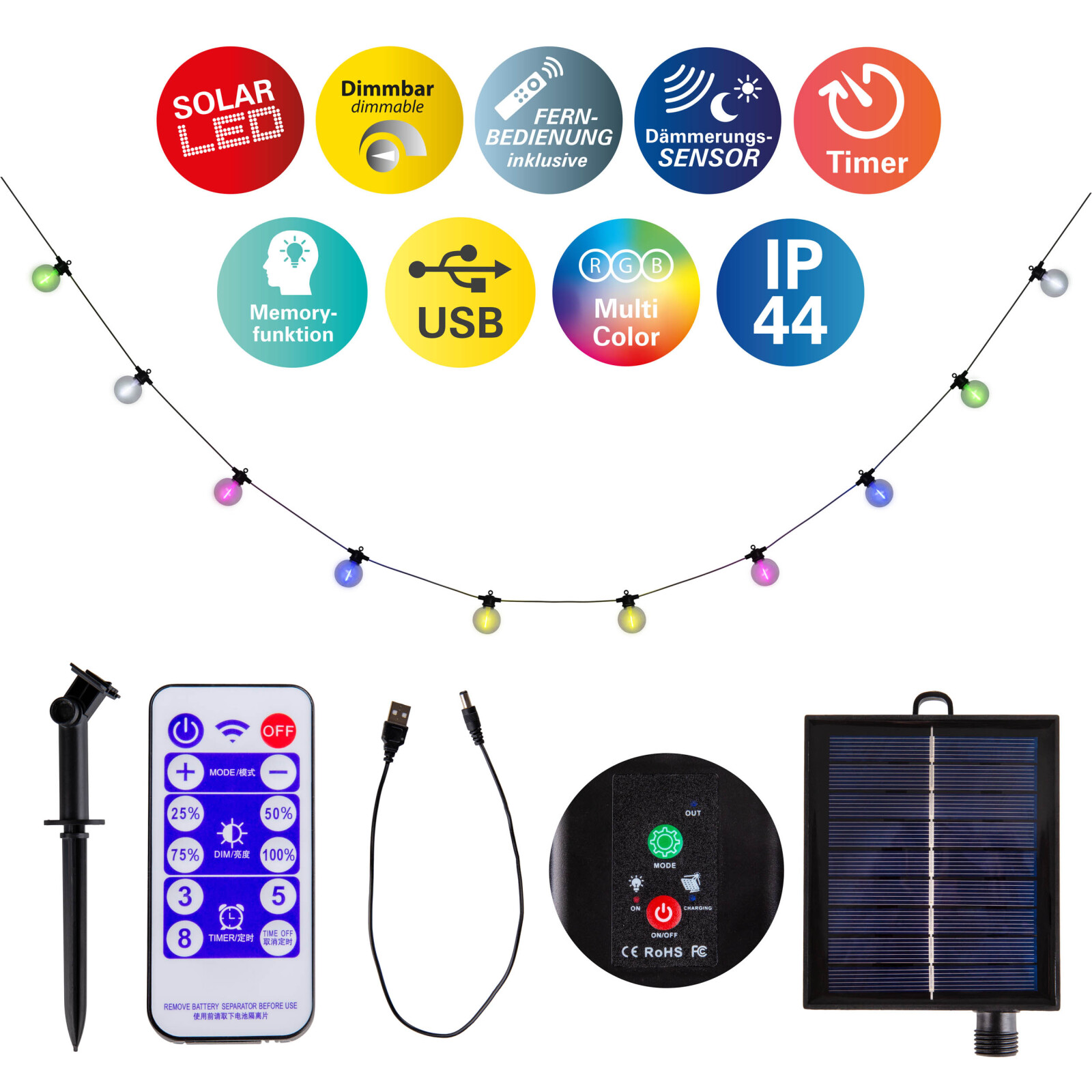 Solar-LED-RGB-Lichterkette CADENA - mit Fernbedienung - 10 Meter