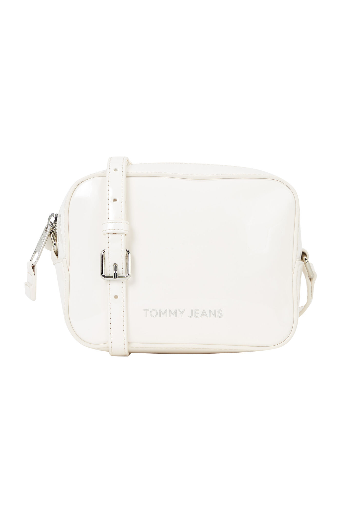 Bolsa feminina Tommy Jeans em couro envernizado com alça ajustável e zíper.