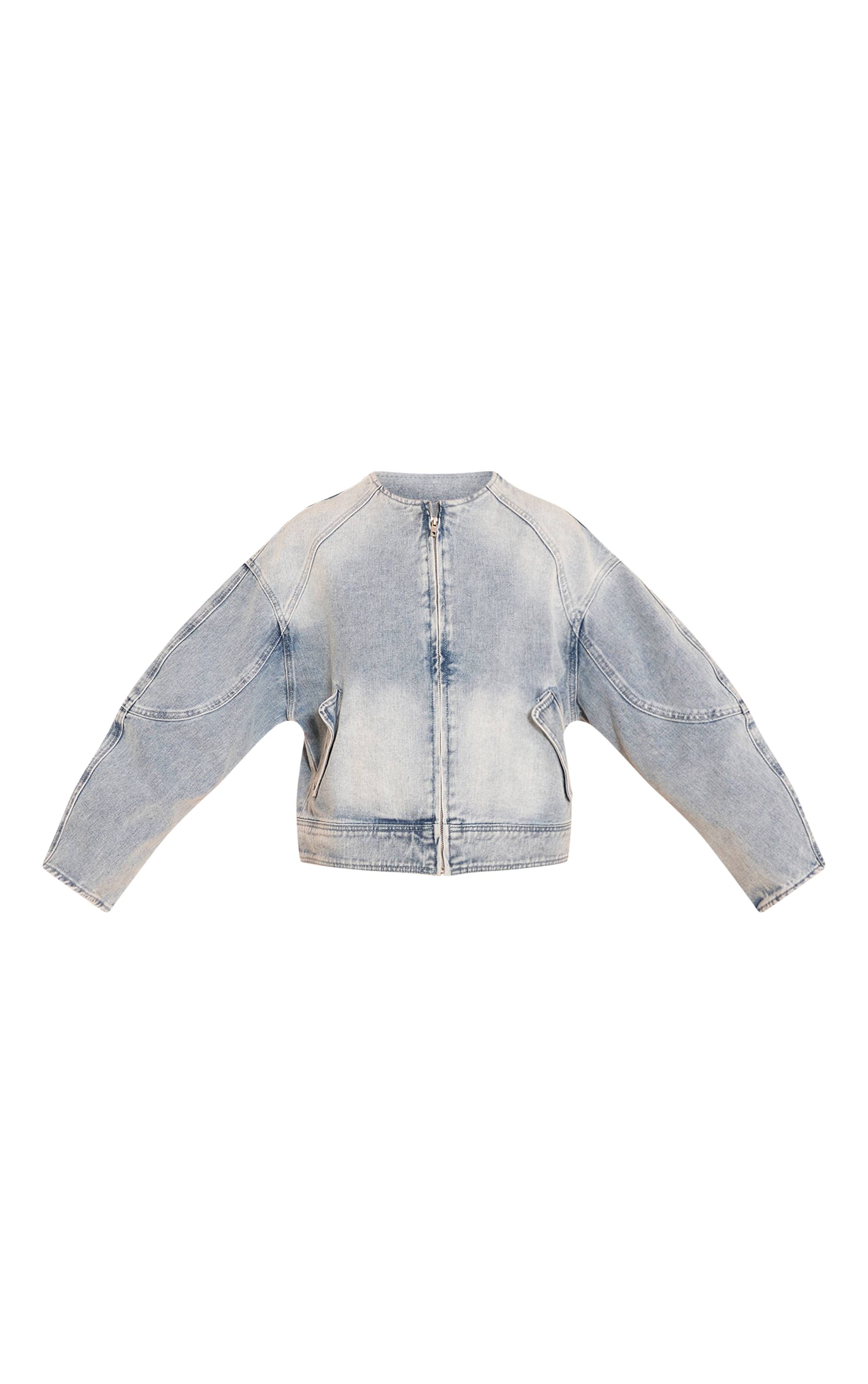 Bleu Clair Veste En Jean À Col Rond Et Manches Ballon