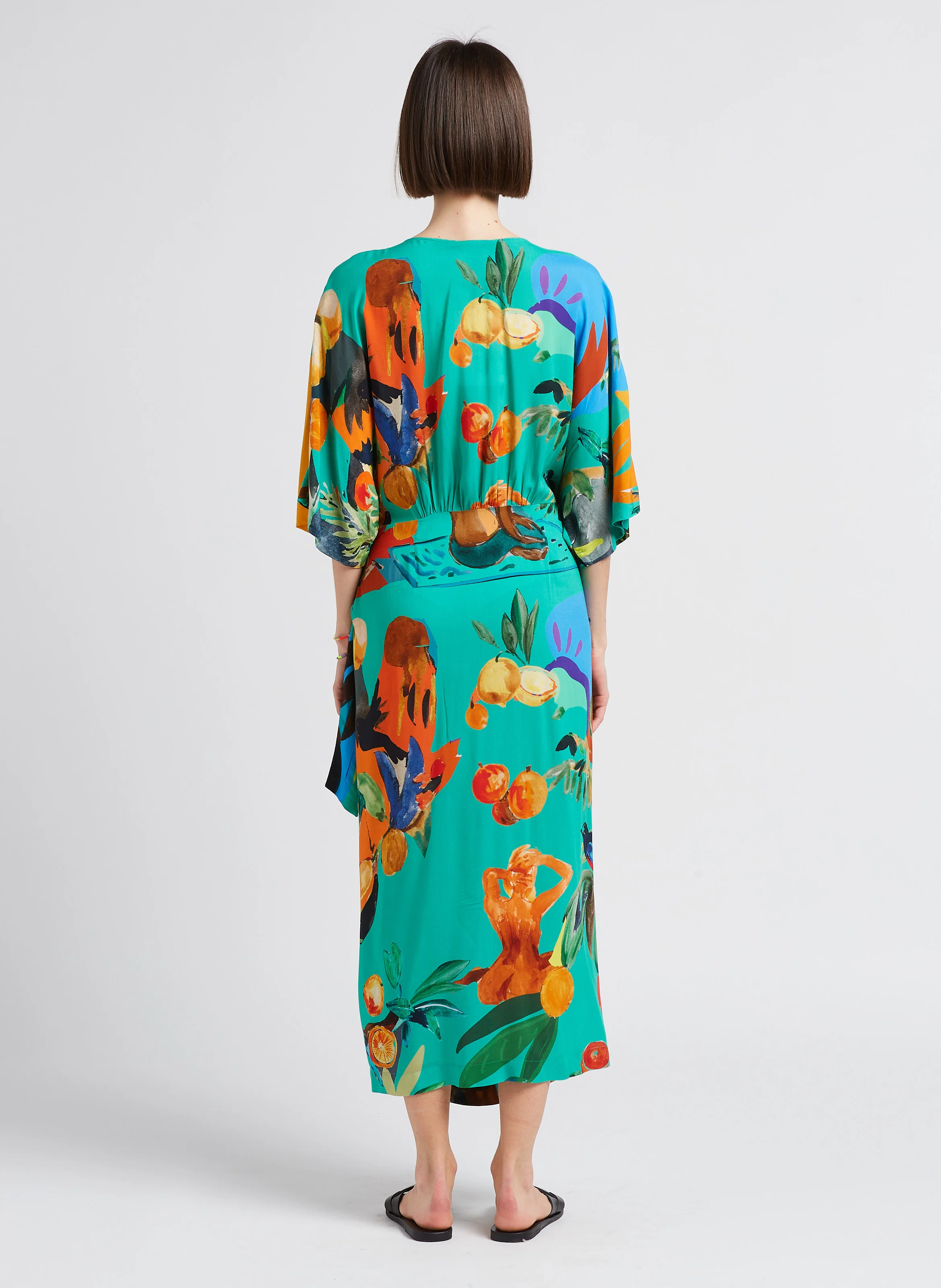 PARAISO - Robe longue col V imprimé tropical | Vert