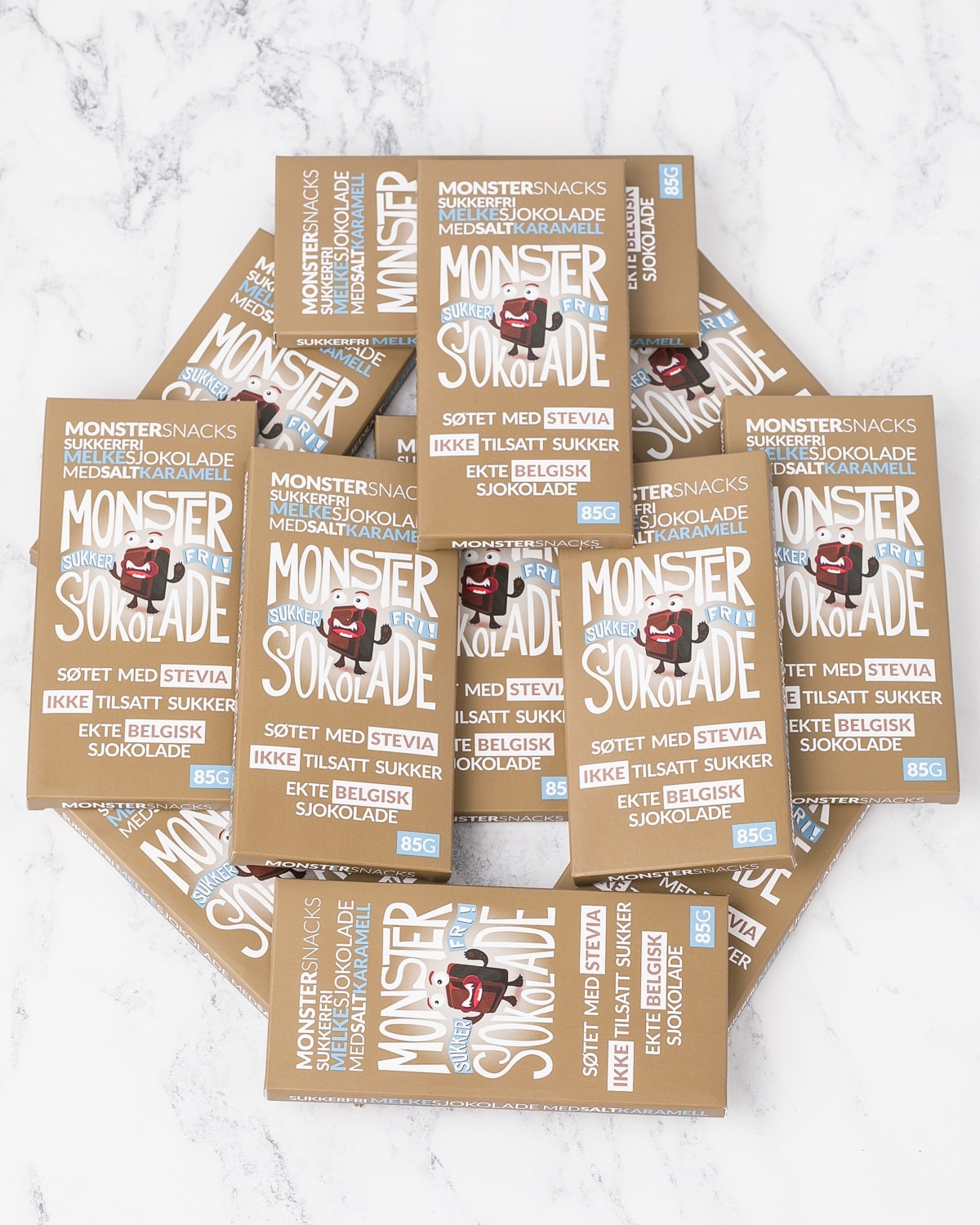 Monster Sukkerfri Belgisk Stevia Melkesjokolade - Salty Caramel 12x85g - PAKKETILBUD