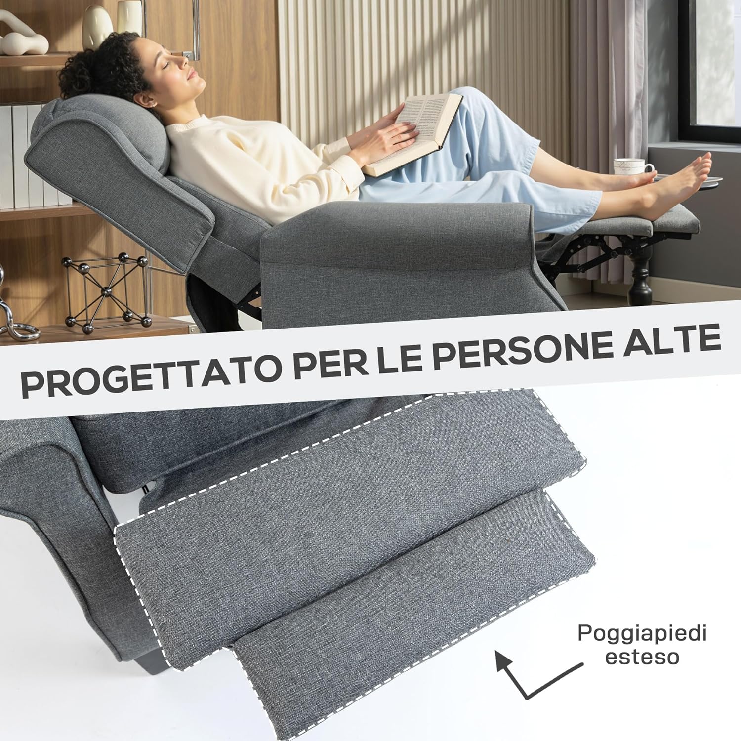 HOMCOM 132° max Reclining Armchair mit Fußstütze und Taschenfedern, Polstersessel in Leinenoptik, Stahl und Holz, 74x84x102 cm, Grau